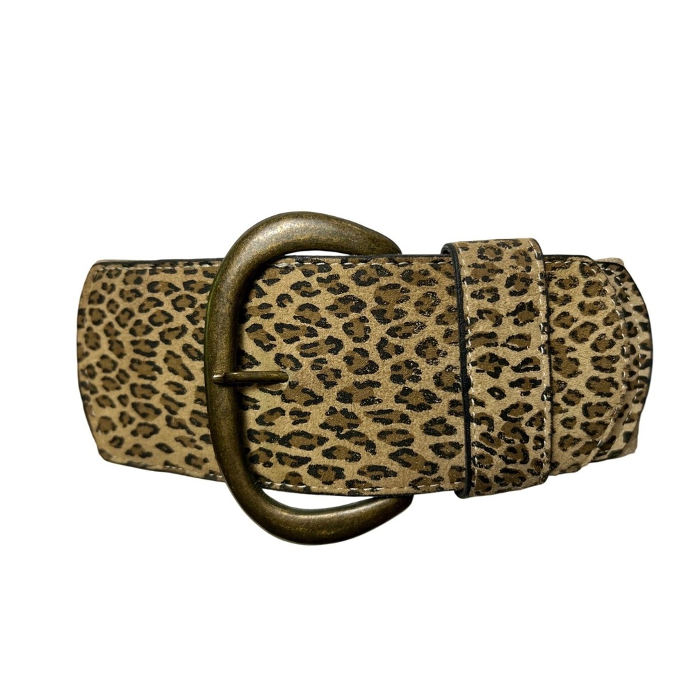 Womens XL Wide Leopard Print Elastic Waist‎ Belt Bronze Buckle Animal Print Tan